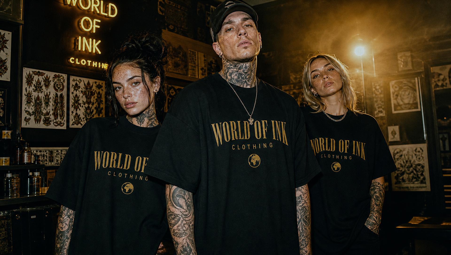 Drei Models mit Sommersprossen in World of Ink Clothing Shirts im Tattoo Studio